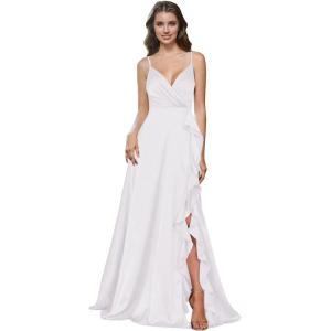 imagehomdor Satin Bridesmaid Dresses Spaghetti Straps V Neck Ruffle Formal Evening GownWhite