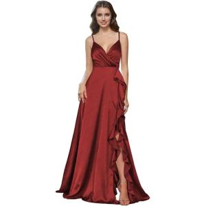 imagehomdor Satin Bridesmaid Dresses Spaghetti Straps V Neck Ruffle Formal Evening GownWine Red