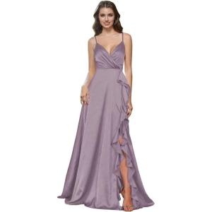 imagehomdor Satin Bridesmaid Dresses Spaghetti Straps V Neck Ruffle Formal Evening GownWisteria