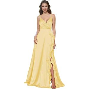 imagehomdor Satin Bridesmaid Dresses Spaghetti Straps V Neck Ruffle Formal Evening GownYellow