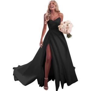 imagehomdor Strapless Prom Dresses Long Ball Gown Satin Wedding Dress for Bride A Line Formal Evening Party Gowns with SlitBlack