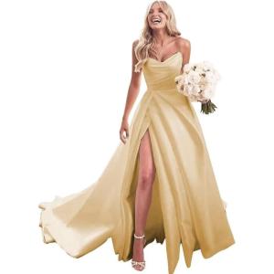 imagehomdor Strapless Prom Dresses Long Ball Gown Satin Wedding Dress for Bride A Line Formal Evening Party Gowns with SlitChampage
