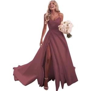 imagehomdor Strapless Prom Dresses Long Ball Gown Satin Wedding Dress for Bride A Line Formal Evening Party Gowns with SlitDerset Rose