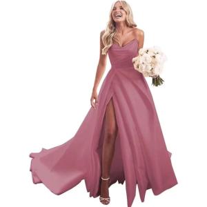 imagehomdor Strapless Prom Dresses Long Ball Gown Satin Wedding Dress for Bride A Line Formal Evening Party Gowns with SlitDusty Pink
