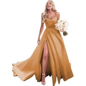 imagehomdor Strapless Prom Dresses Long Ball Gown Satin Wedding Dress for Bride A Line Formal Evening Party Gowns with SlitGold Orange