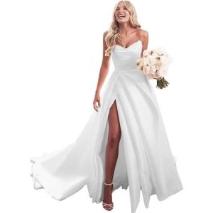 imagehomdor Strapless Prom Dresses Long Ball Gown Satin Wedding Dress for Bride A Line Formal Evening Party Gowns with SlitIvory