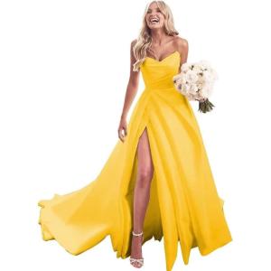 imagehomdor Strapless Prom Dresses Long Ball Gown Satin Wedding Dress for Bride A Line Formal Evening Party Gowns with SlitMustard Yellow