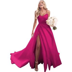 imagehomdor Strapless Prom Dresses Long Ball Gown Satin Wedding Dress for Bride A Line Formal Evening Party Gowns with SlitRose Red
