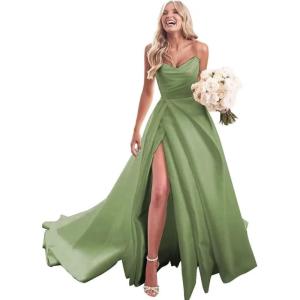 imagehomdor Strapless Prom Dresses Long Ball Gown Satin Wedding Dress for Bride A Line Formal Evening Party Gowns with SlitSage Green