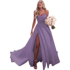 imagehomdor Strapless Prom Dresses Long Ball Gown Satin Wedding Dress for Bride A Line Formal Evening Party Gowns with SlitWisteria