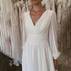imageSplit Chiffon V Neck Long Sleeve Prom Dresses Formal Dress for Women ALine Pleated Maxi GownEmerald Green