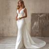 imageV Neck Satin Prom Dresses Long Mermaid Simple Wedding Dress with Cape for WomenOlive