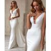 imageV Neck Satin Prom Dresses Long Mermaid Simple Wedding Dress with Cape for WomenPink