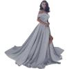 imageOff Shoulder Satin Prom Dresses Ball Gown Plus Size Formal Dresses for Women Wedding Dress with SlitSilver
