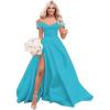 imageOff The Shoulder Satin Prom Dress for Women Long Ball Gown Wedding Dress Floor Length Formal Evening Gowns with SlitAqua
