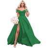 imageOff The Shoulder Satin Prom Dress for Women Long Ball Gown Wedding Dress Floor Length Formal Evening Gowns with SlitGreen