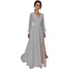 imageSplit Chiffon V Neck Long Sleeve Prom Dresses Formal Dress for Women ALine Pleated Maxi GownSilver