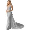 imageV Neck Satin Prom Dresses Long Mermaid Simple Wedding Dress with Cape for WomenGrey