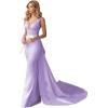 imageV Neck Satin Prom Dresses Long Mermaid Simple Wedding Dress with Cape for WomenLilac
