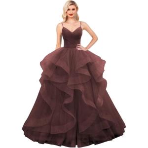 imageLayered Tulle Prom Dresses Long Glitter Ball Gown ALine Formal Evening Gown Sparkly Pageant Dress for WomenBurgundy