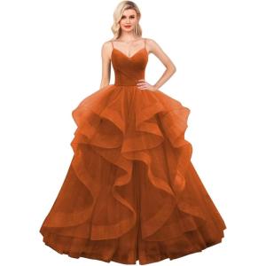 imageLayered Tulle Prom Dresses Long Glitter Ball Gown ALine Formal Evening Gown Sparkly Pageant Dress for WomenBurnt Orange