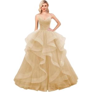 imageLayered Tulle Prom Dresses Long Glitter Ball Gown ALine Formal Evening Gown Sparkly Pageant Dress for WomenChampagne