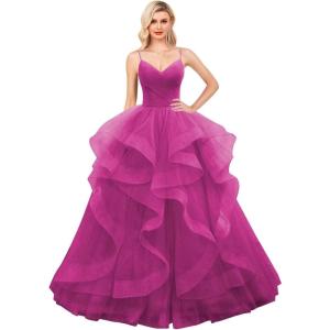 imageLayered Tulle Prom Dresses Long Glitter Ball Gown ALine Formal Evening Gown Sparkly Pageant Dress for WomenFuchsia
