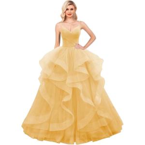 imageLayered Tulle Prom Dresses Long Glitter Ball Gown ALine Formal Evening Gown Sparkly Pageant Dress for WomenGold