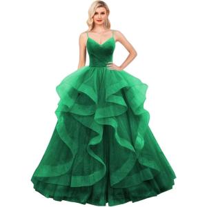imageLayered Tulle Prom Dresses Long Glitter Ball Gown ALine Formal Evening Gown Sparkly Pageant Dress for WomenGreen