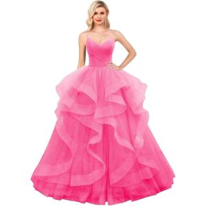 imageLayered Tulle Prom Dresses Long Glitter Ball Gown ALine Formal Evening Gown Sparkly Pageant Dress for WomenHot Pink