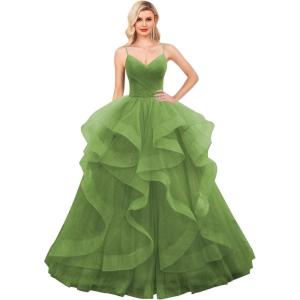 imageLayered Tulle Prom Dresses Long Glitter Ball Gown ALine Formal Evening Gown Sparkly Pageant Dress for WomenOlive