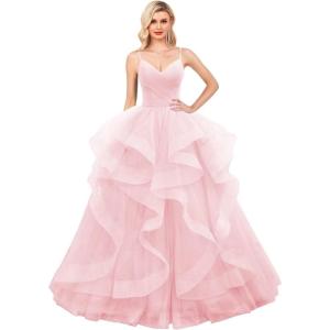 imageLayered Tulle Prom Dresses Long Glitter Ball Gown ALine Formal Evening Gown Sparkly Pageant Dress for WomenPink