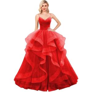 imageLayered Tulle Prom Dresses Long Glitter Ball Gown ALine Formal Evening Gown Sparkly Pageant Dress for WomenRed