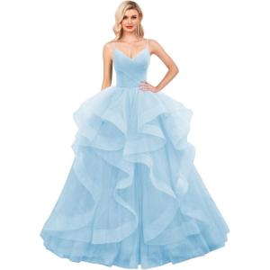 imageLayered Tulle Prom Dresses Long Glitter Ball Gown ALine Formal Evening Gown Sparkly Pageant Dress for WomenSky Blue