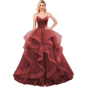 imageLayered Tulle Prom Dresses Long Glitter Ball Gown ALine Formal Evening Gown Sparkly Pageant Dress for WomenWine Red