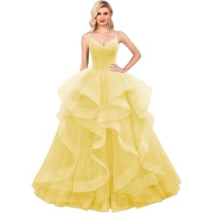 imageLayered Tulle Prom Dresses Long Glitter Ball Gown ALine Formal Evening Gown Sparkly Pageant Dress for WomenYellow