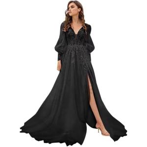 imageLong Sleeve Tulle Prom Dresses Long Lace Applique Ball Gown 2025 A Line Wedding Evening Party GownsBlack