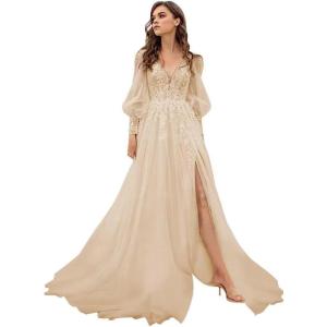 imageLong Sleeve Tulle Prom Dresses Long Lace Applique Ball Gown 2025 A Line Wedding Evening Party GownsChampagne