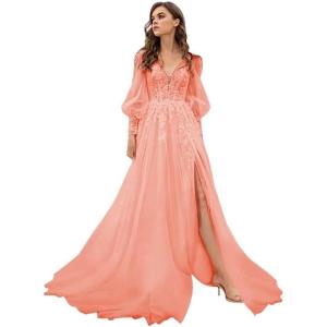 imageLong Sleeve Tulle Prom Dresses Long Lace Applique Ball Gown 2025 A Line Wedding Evening Party GownsCoral