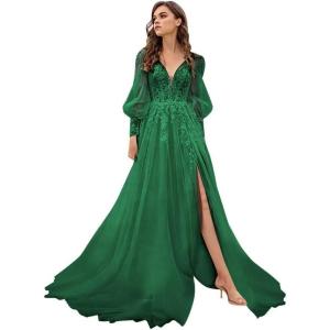 imageLong Sleeve Tulle Prom Dresses Long Lace Applique Ball Gown 2025 A Line Wedding Evening Party GownsDark Green