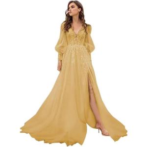 imageLong Sleeve Tulle Prom Dresses Long Lace Applique Ball Gown 2025 A Line Wedding Evening Party GownsGold