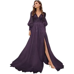 imageLong Sleeve Tulle Prom Dresses Long Lace Applique Ball Gown 2025 A Line Wedding Evening Party GownsGrape