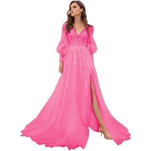 imageLong Sleeve Tulle Prom Dresses Long Lace Applique Ball Gown 2025 A Line Wedding Evening Party GownsHot Pink