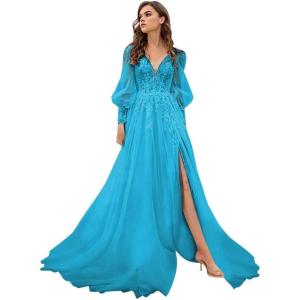 imageLong Sleeve Tulle Prom Dresses Long Lace Applique Ball Gown 2025 A Line Wedding Evening Party GownsLake Blue