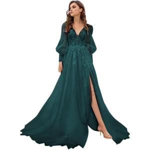 imageLong Sleeve Tulle Prom Dresses Long Lace Applique Ball Gown 2025 A Line Wedding Evening Party GownsPeacock