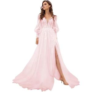 imageLong Sleeve Tulle Prom Dresses Long Lace Applique Ball Gown 2025 A Line Wedding Evening Party GownsPink