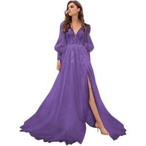 imageLong Sleeve Tulle Prom Dresses Long Lace Applique Ball Gown 2025 A Line Wedding Evening Party GownsPurple