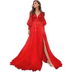 imageLong Sleeve Tulle Prom Dresses Long Lace Applique Ball Gown 2025 A Line Wedding Evening Party GownsRed