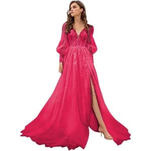 imageLong Sleeve Tulle Prom Dresses Long Lace Applique Ball Gown 2025 A Line Wedding Evening Party GownsRose Red