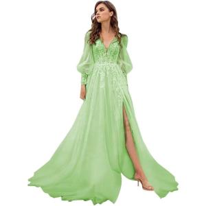 imageLong Sleeve Tulle Prom Dresses Long Lace Applique Ball Gown 2025 A Line Wedding Evening Party GownsSage